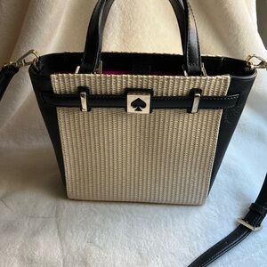 Kate Spade Straw & Black Leather Crossbody Tote Cameron Medium Satchel